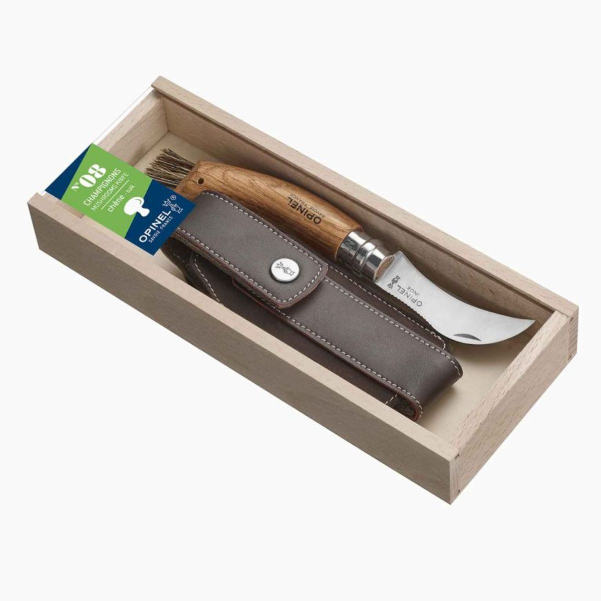 Opinel Σουγιάς 8.5 εκατ. για μανιτάρια με ξύλινη λαβή δρυός με θήκη σε κασετίνα με τζάμι No 8 Inox 001327