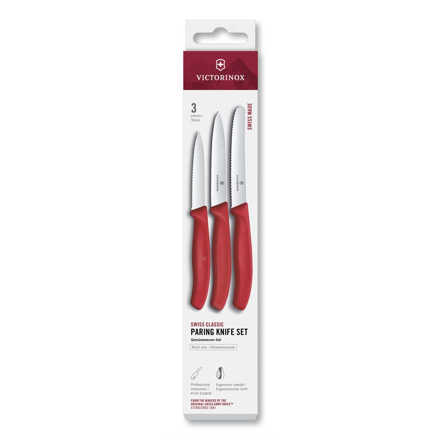 Victorinox Kitchen Knives Red Handles 3 pcs Set Swiss Classic